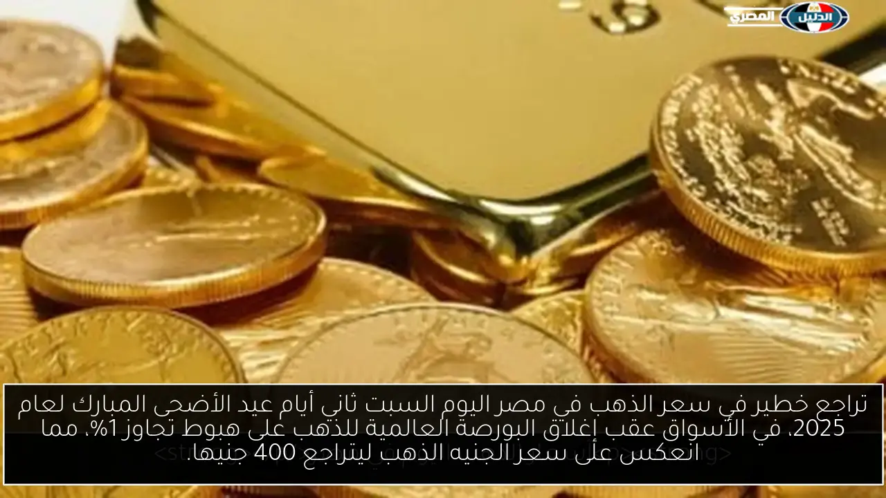 تراجع خطير في سعر الذهب في مصر اليوم السبت ثاني أيام عيد الأضحى المبارك لعام 2025، في الأسواق عقب إغلاق البورصة العالمية للذهب على هبوط تجاوز 1%، مما انعكس على سعر الجنيه الذهب ليتراجع 400 جنيها.