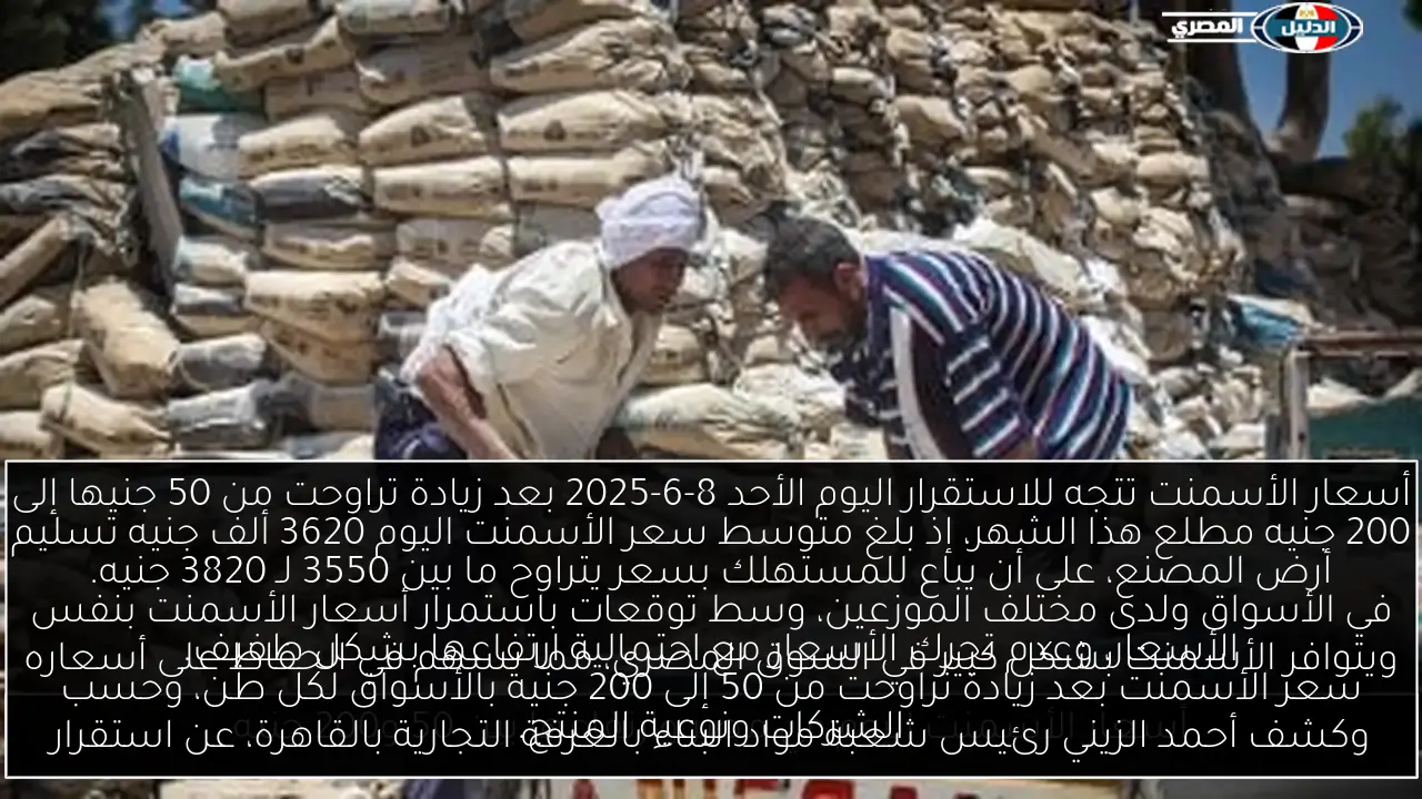 أسعار الأسمنت تتجه للاستقرار اليوم الأحد 8-6-2025 بعد زيادة تراوحت من 50 جنيها إلى 200 جنيه مطلع هذا الشهر، إذ بلغ متوسط سعر الأسمنت اليوم 3620 ألف جنيه تسليم أرض المصنع، على أن يباع للمستهلك بسعر يتراوح ما بين 3550 لـ 3820 جنيه.ويتوافر الأسمنت بشكل كبير في السوق المصري، مما يسهم في الحفاظ على أسعاره في الأسواق ولدى مختلف الموزعين، وسط توقعات باستمرار أسعار الأسمنت بنفس الأسعار، وعدم تحرك الأسعار مع احتمالية ارتفاعها بشكل طفيف.وكشف أحمد الزيني رئيس شعبة مواد البناء بالغرفة التجارية بالقاهرة، عن استقرار سعر الأسمنت بعد زيادة تراوحت من 50 إلى 200 جنيه بالأسواق لكل طن، وحسب الشركات ونوعية المنتج.